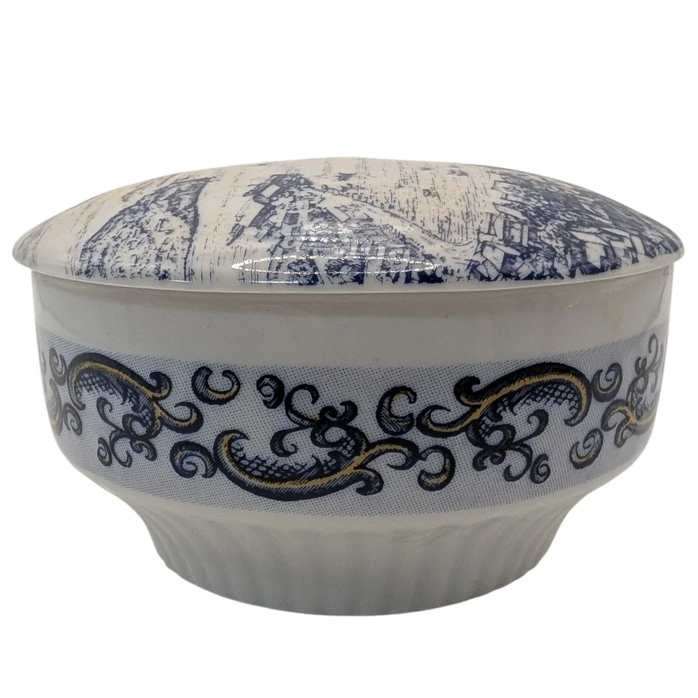 Vintage Altenkunstadt Trinket Box Granada Blue and White Ships and Scrolls Round